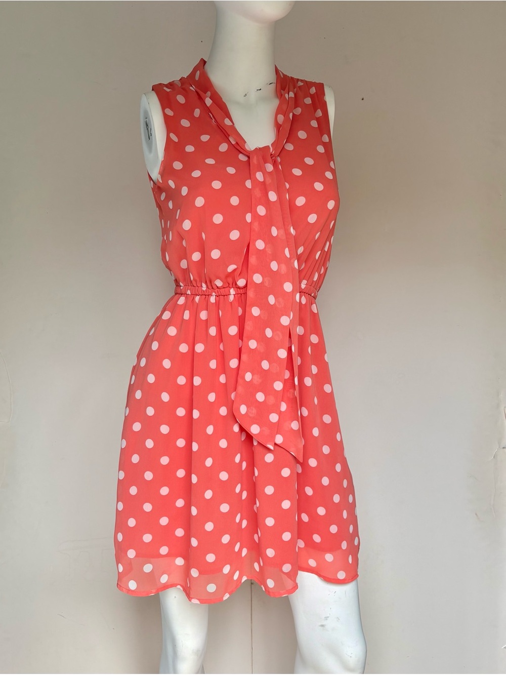 Forever 21 Coral Polka Dot Tie-Neck Mini Dress